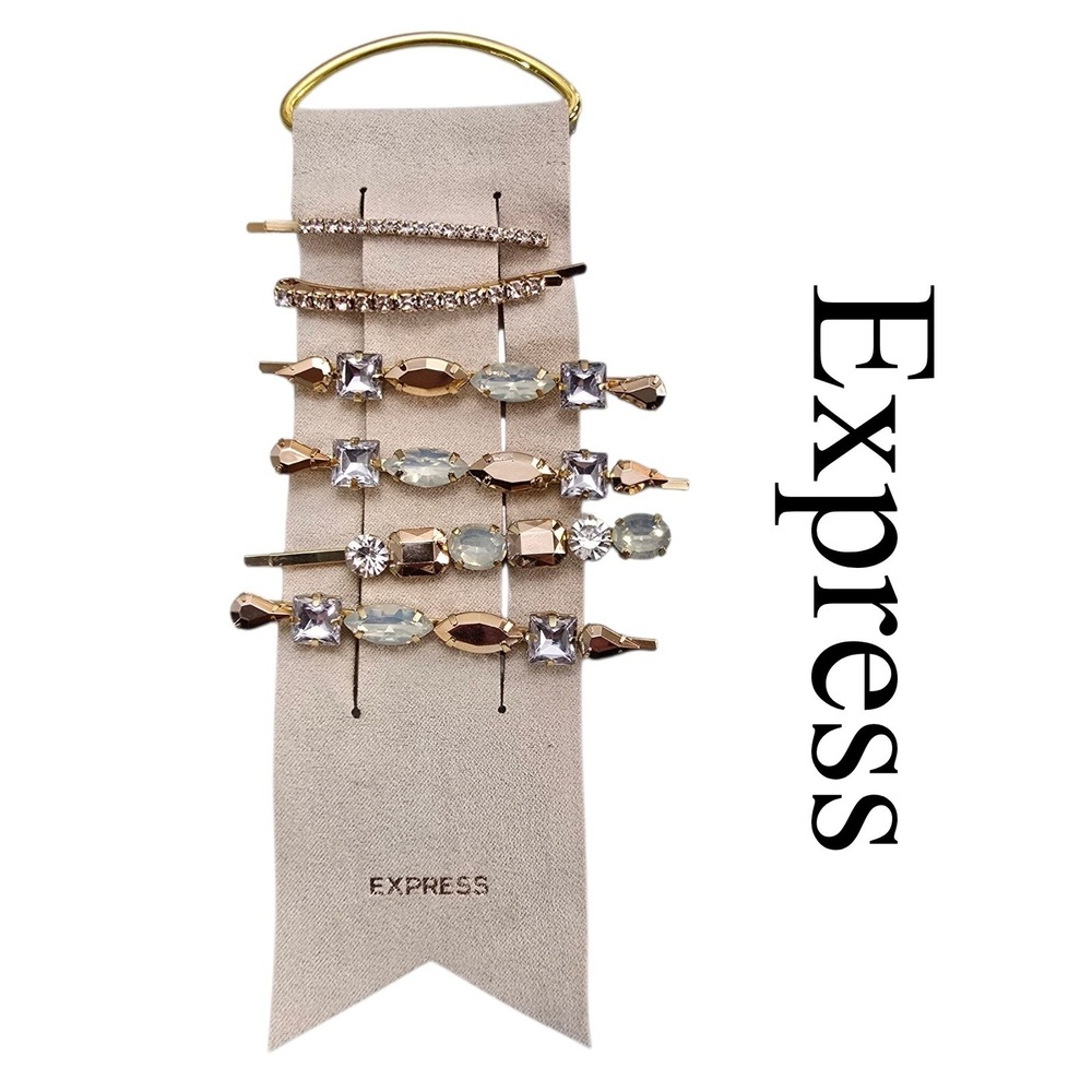 Express Hair Clip Set Women OS Gold Crystal Rhinestone Bobby Pins Glam 6pc